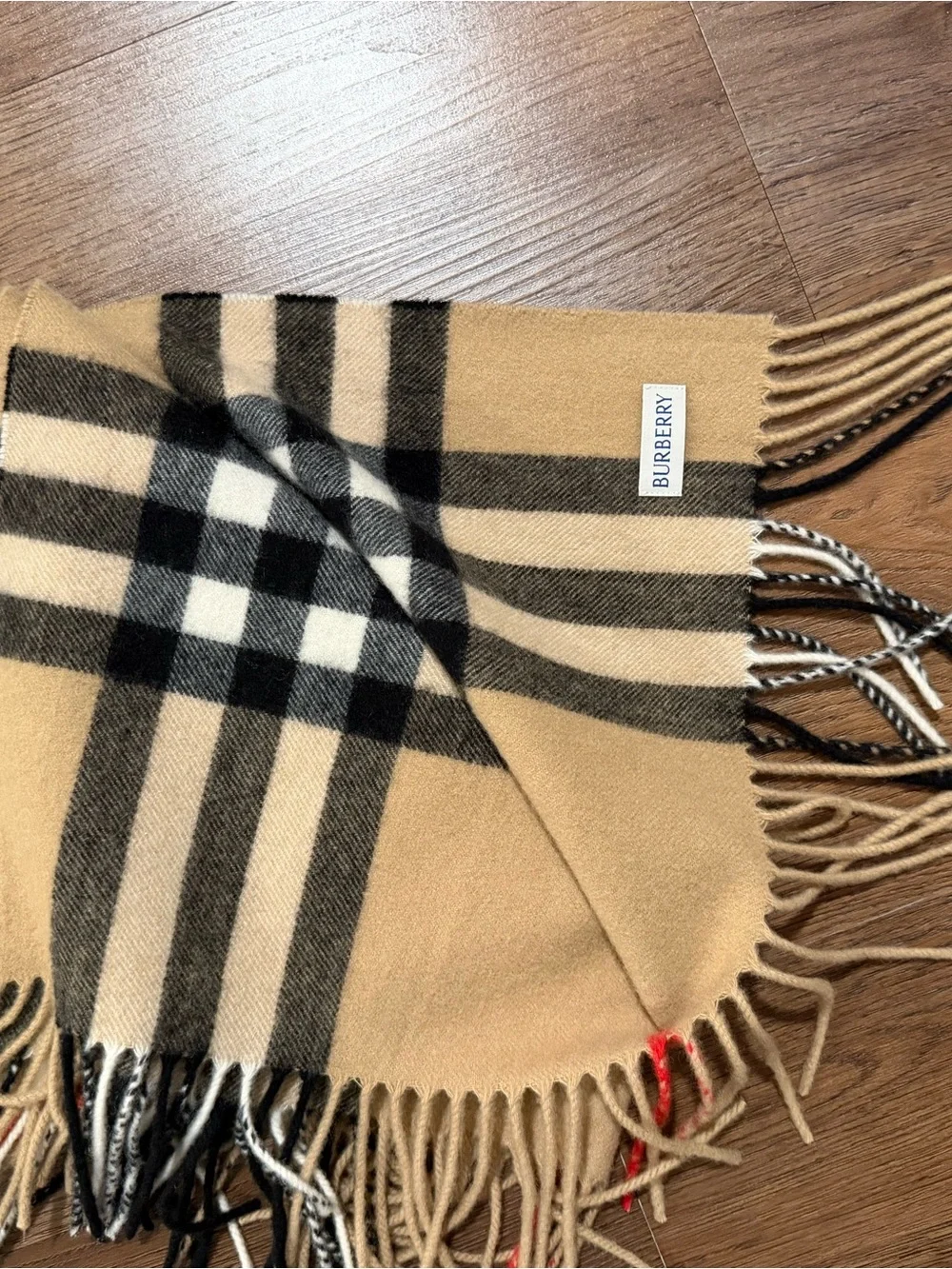 Burberry Beige Plaid Scarf with Black and Red Accents